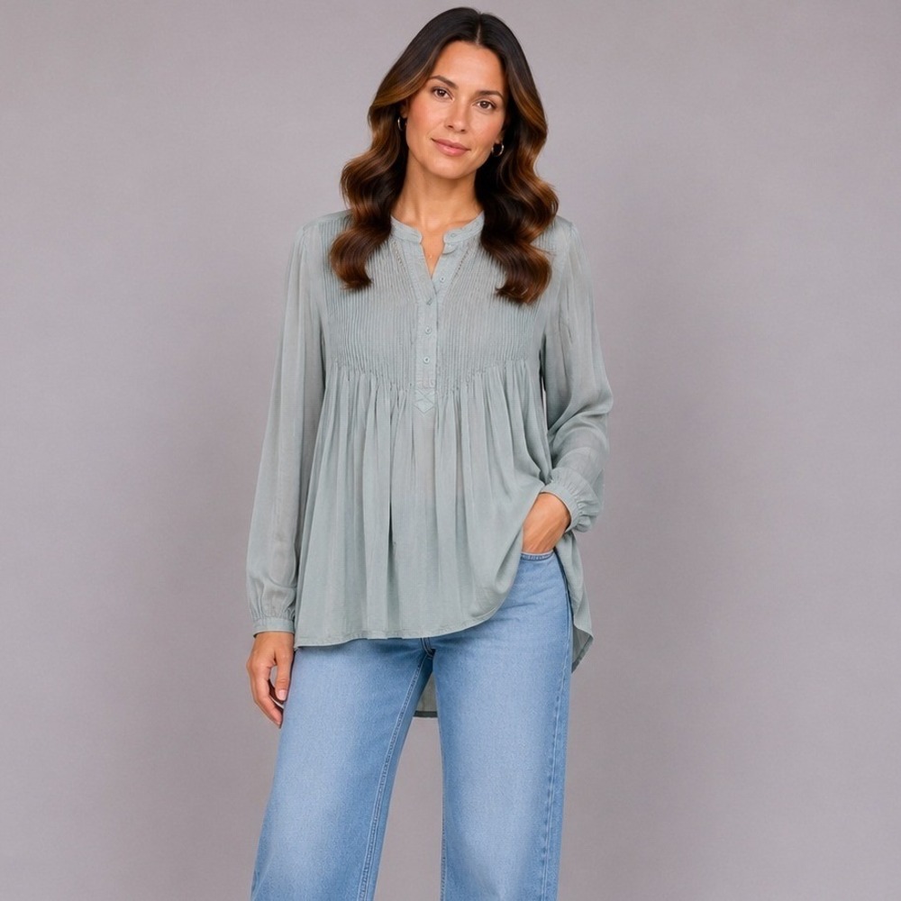 Sundance Pintuck Tunic Women Medium Seafoam Green Rayon Boho Long Sleeve Top